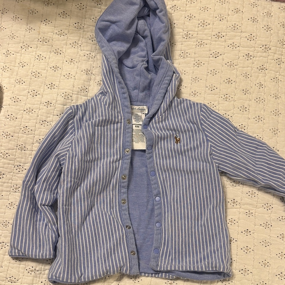 Ralph Lauren Light Blue & White Striped Hooded Baby Jacket